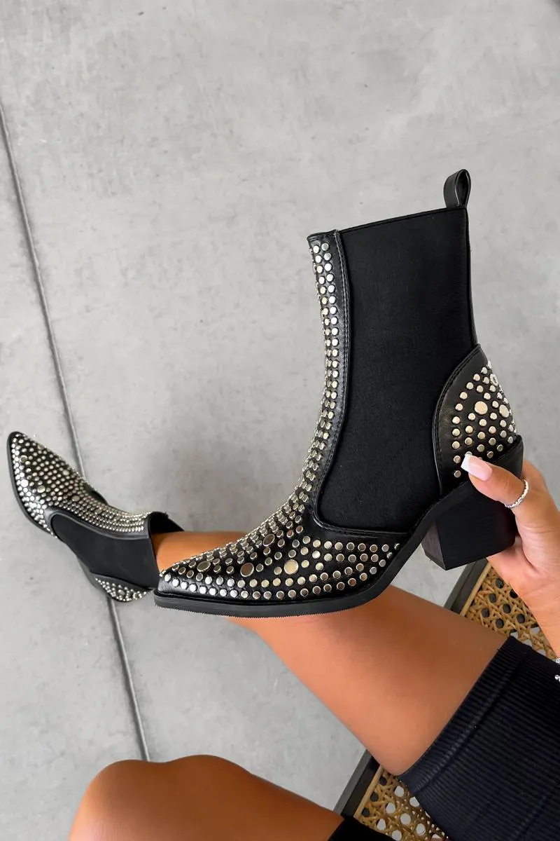 MIDWEST Studded Western Cowboy Ankle Boots - Black
