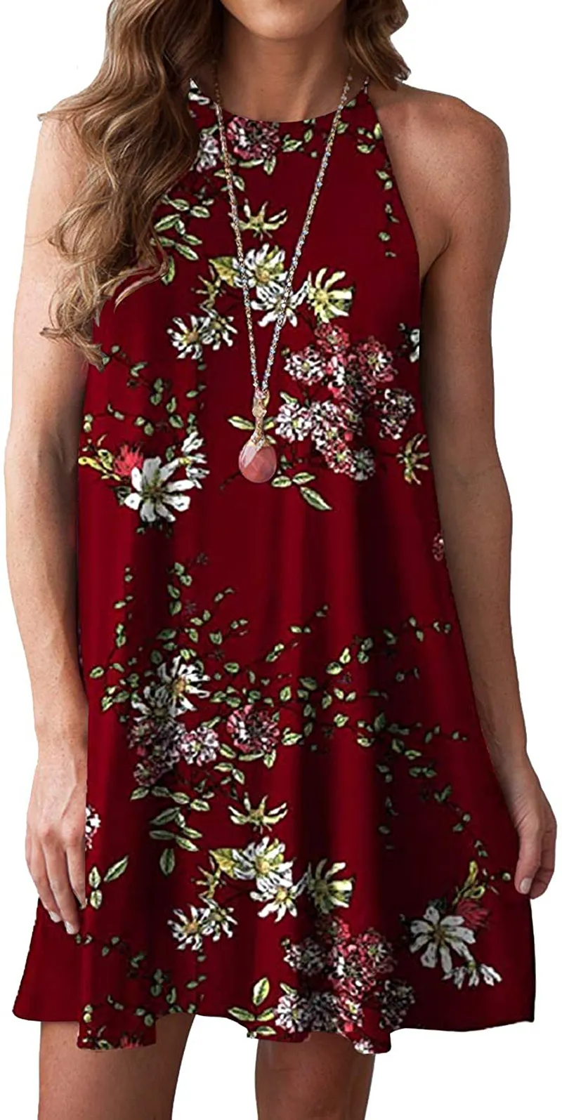 MITILLY Women's Halter Neck Boho Floral Print Loose Casual Sleeveless Short Dress