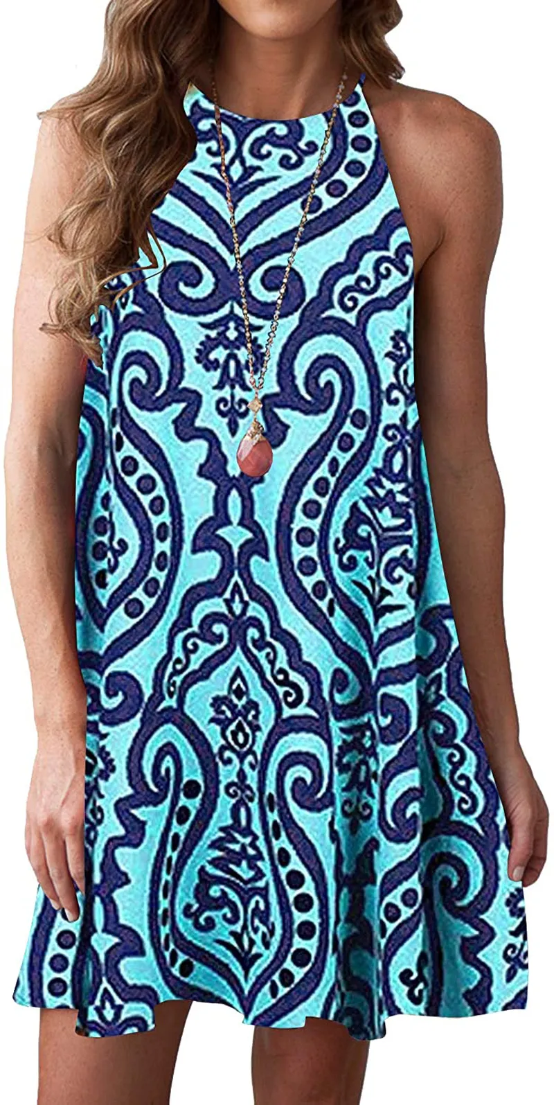 MITILLY Women's Halter Neck Boho Floral Print Loose Casual Sleeveless Short Dress