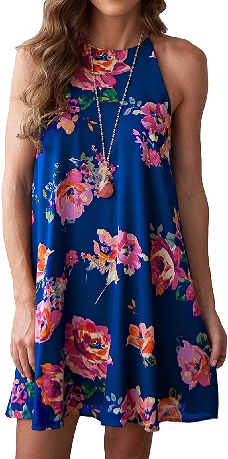 MITILLY Women's Halter Neck Boho Floral Print Loose Casual Sleeveless Short Dress