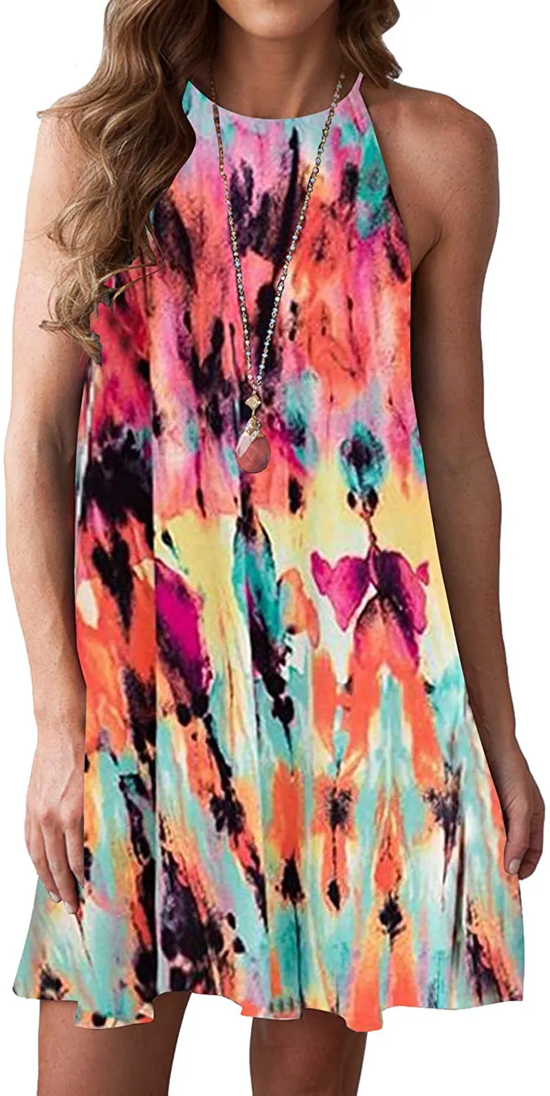 MITILLY Women's Halter Neck Boho Floral Print Loose Casual Sleeveless Short Dress