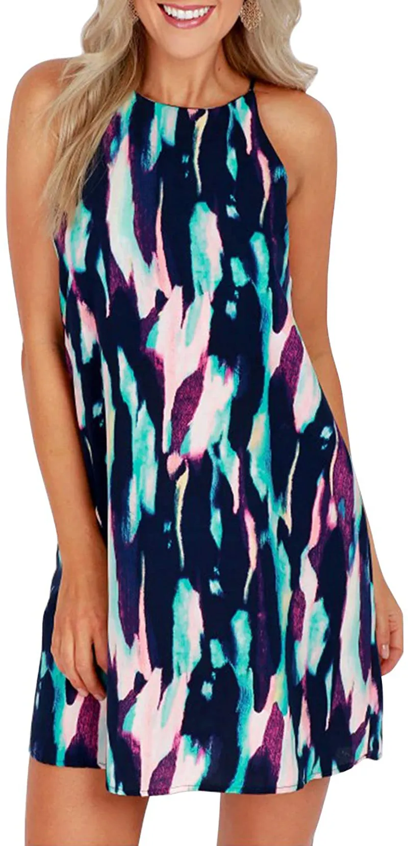 MITILLY Women's Halter Neck Boho Floral Print Loose Casual Sleeveless Short Dress