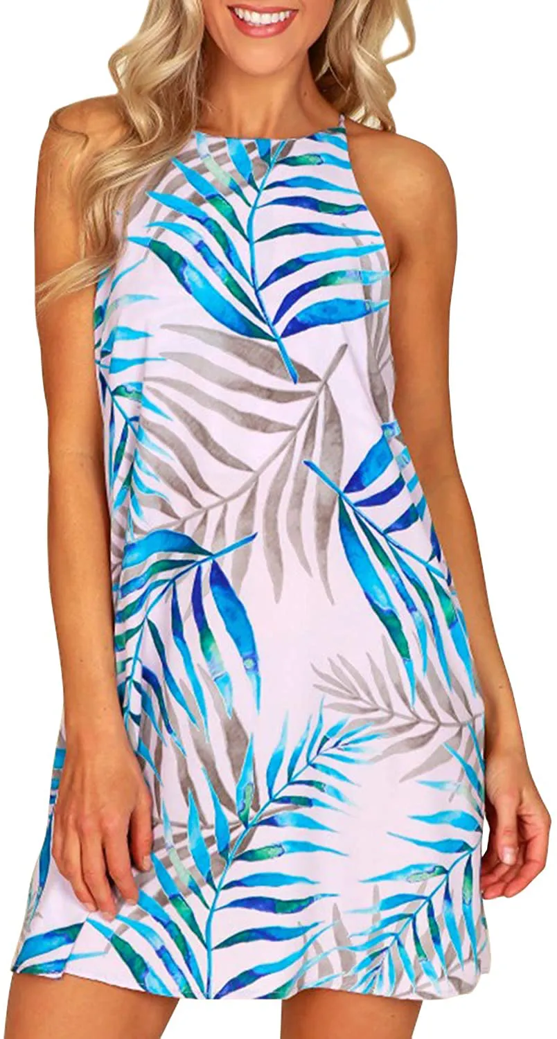 MITILLY Women's Halter Neck Boho Floral Print Loose Casual Sleeveless Short Dress