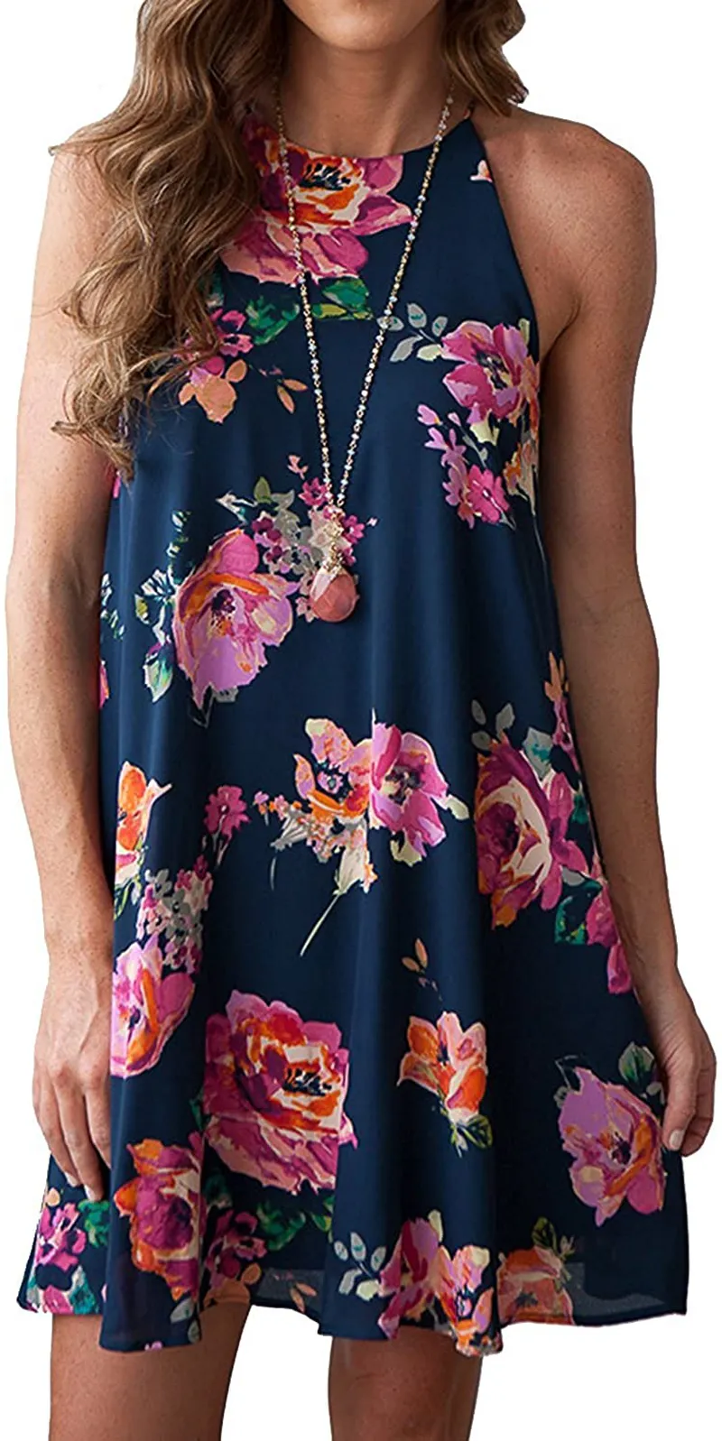 MITILLY Women's Halter Neck Boho Floral Print Loose Casual Sleeveless Short Dress