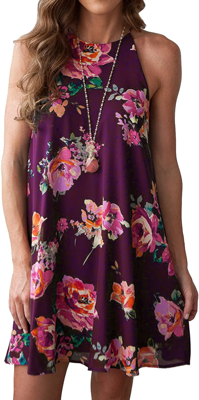MITILLY Women's Halter Neck Boho Floral Print Loose Casual Sleeveless Short Dress