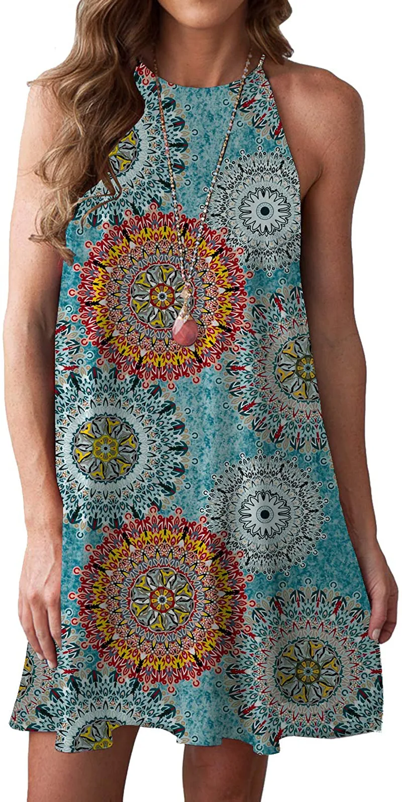 MITILLY Women's Halter Neck Boho Floral Print Loose Casual Sleeveless Short Dress