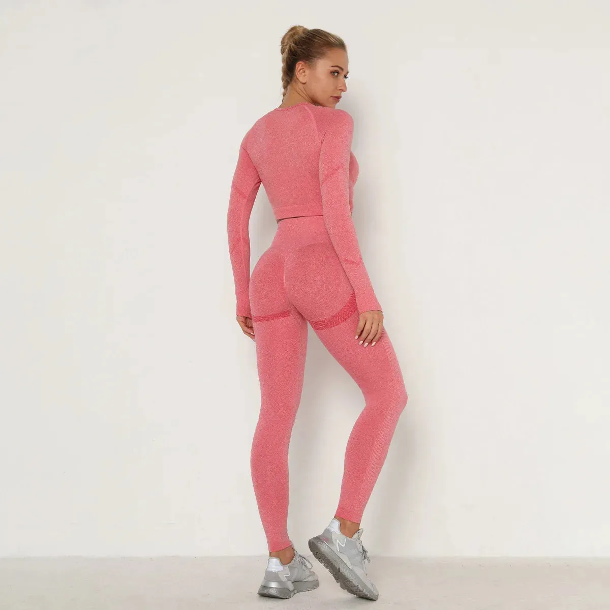 NEW 2Pcs Yoga Set | Women's Seamless Long Sleeve Top and Leggings | High Waist Fitness Suit