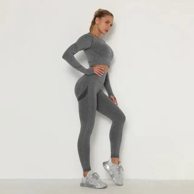 NEW 2Pcs Yoga Set | Women's Seamless Long Sleeve Top and Leggings | High Waist Fitness Suit