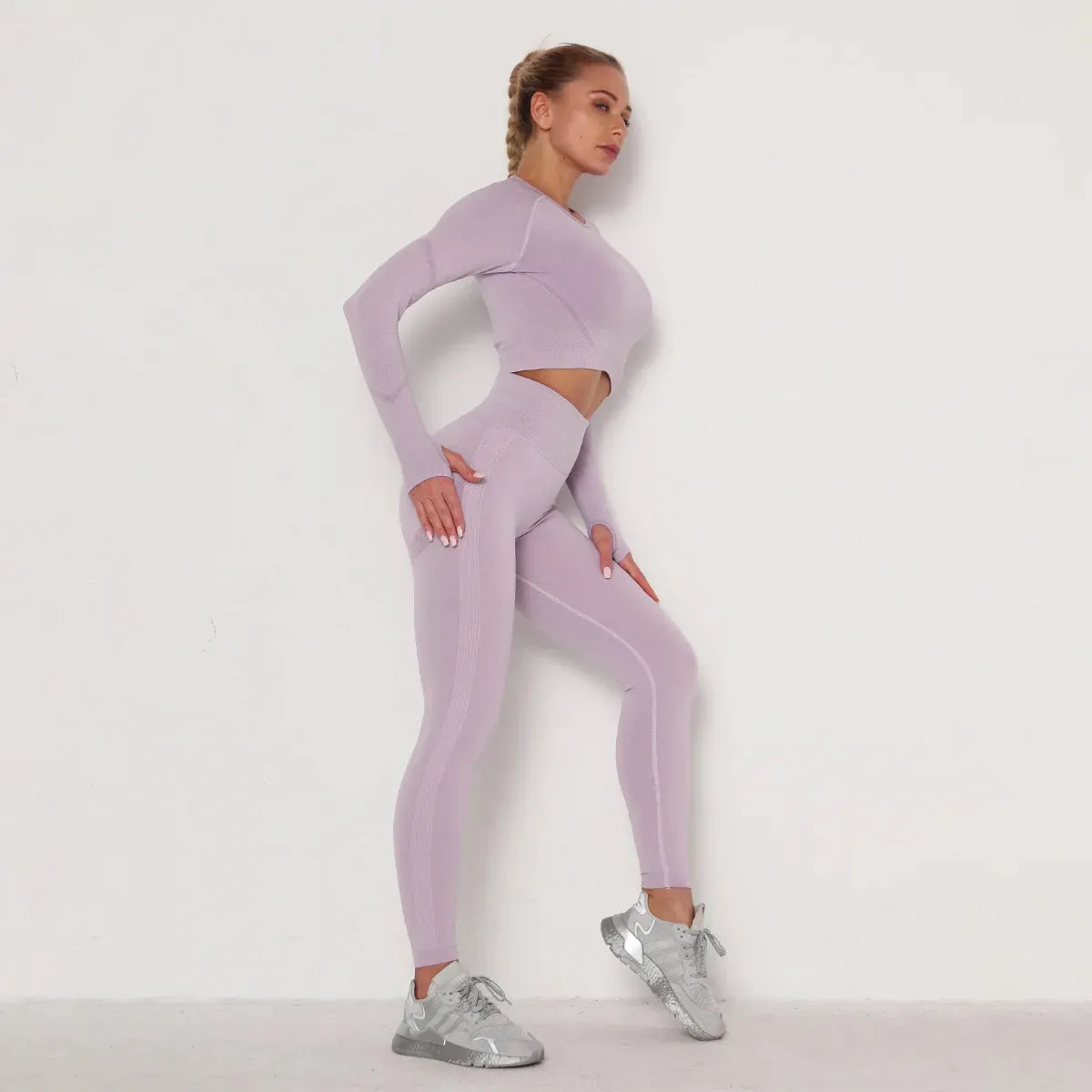 NEW 2Pcs Yoga Set | Women's Seamless Long Sleeve Top and Leggings | High Waist Fitness Suit