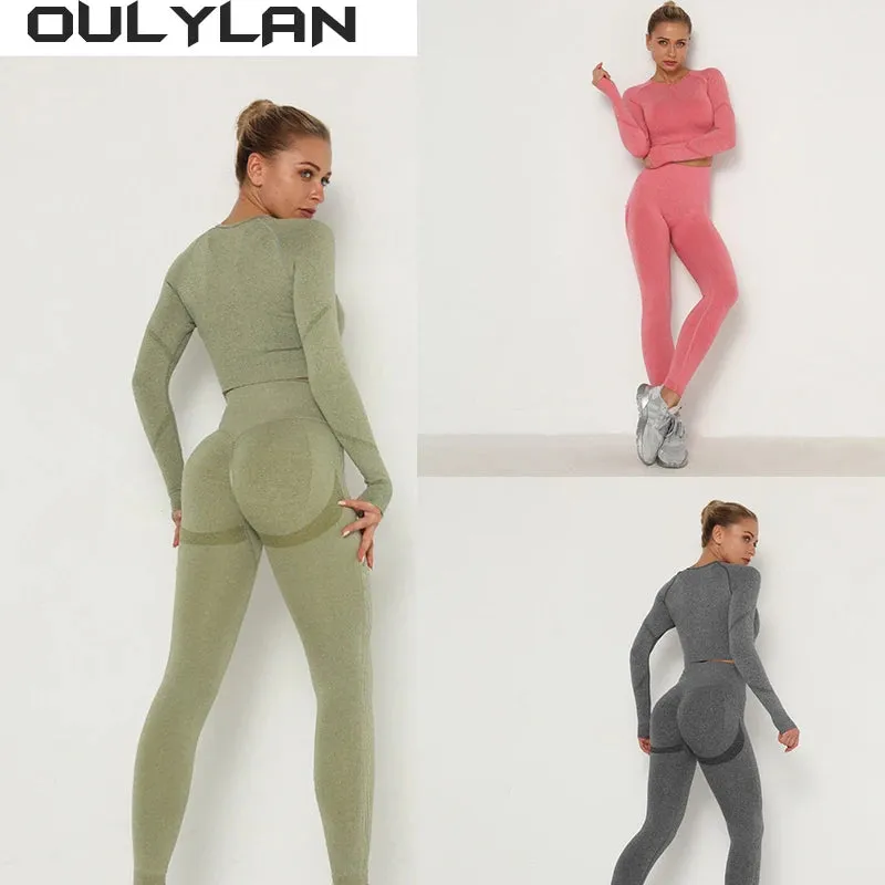 NEW 2Pcs Yoga Set | Women's Seamless Long Sleeve Top and Leggings | High Waist Fitness Suit