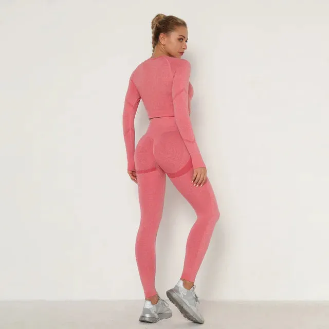 NEW 2Pcs Yoga Set | Women's Seamless Long Sleeve Top and Leggings | High Waist Fitness Suit