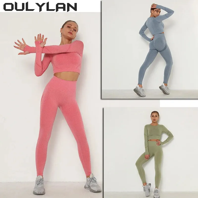 NEW 2Pcs Yoga Set | Women's Seamless Long Sleeve Top and Leggings | High Waist Fitness Suit