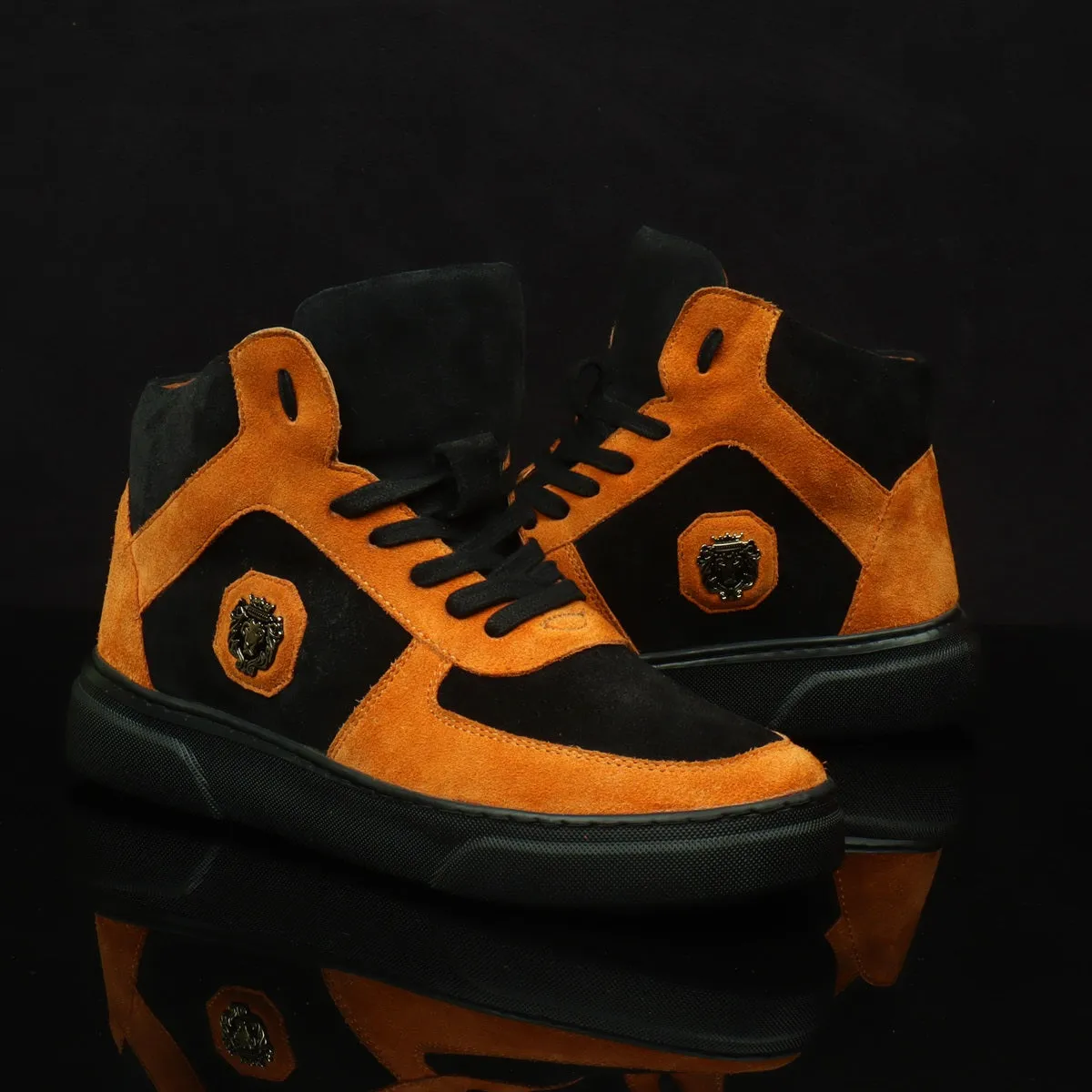 Orange & Black Detailing Suede Leather Mid Top Sneakers by Brune & Bareskin