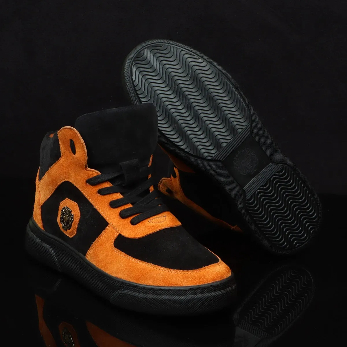 Orange & Black Detailing Suede Leather Mid Top Sneakers by Brune & Bareskin