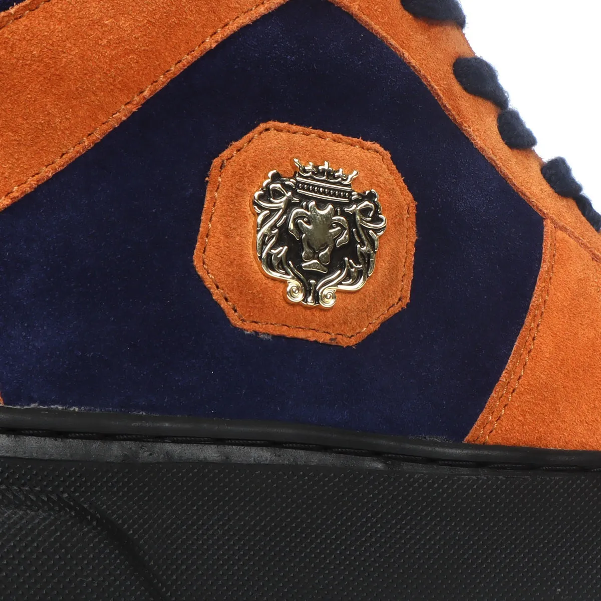 Orange & Blue Detailing Suede Leather Mid Top Sneakers by Brune & Bareskin