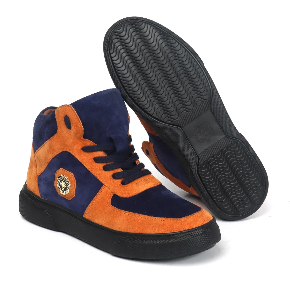 Orange & Blue Detailing Suede Leather Mid Top Sneakers by Brune & Bareskin