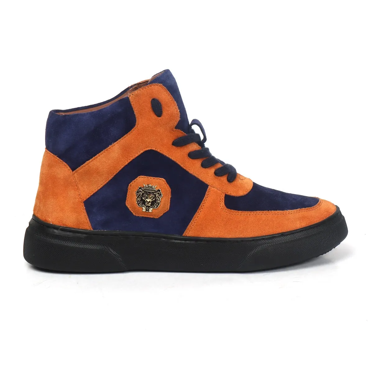 Orange & Blue Detailing Suede Leather Mid Top Sneakers by Brune & Bareskin