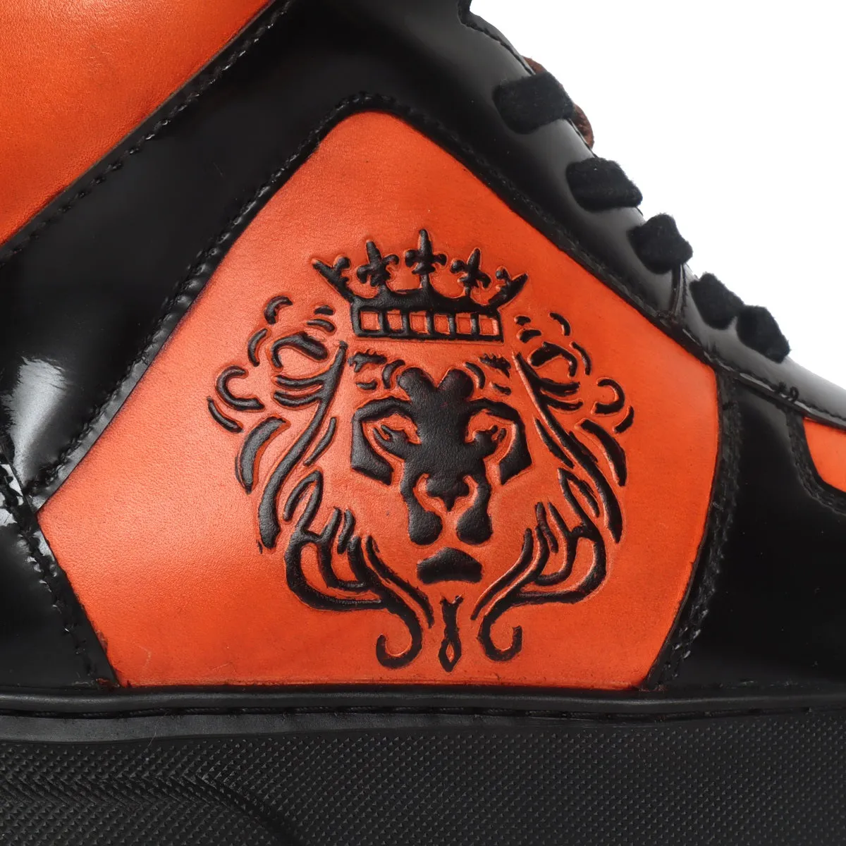 Orange Leather with Patent Leather Detailing Mid Top Sneakers by Brune & Bareskin