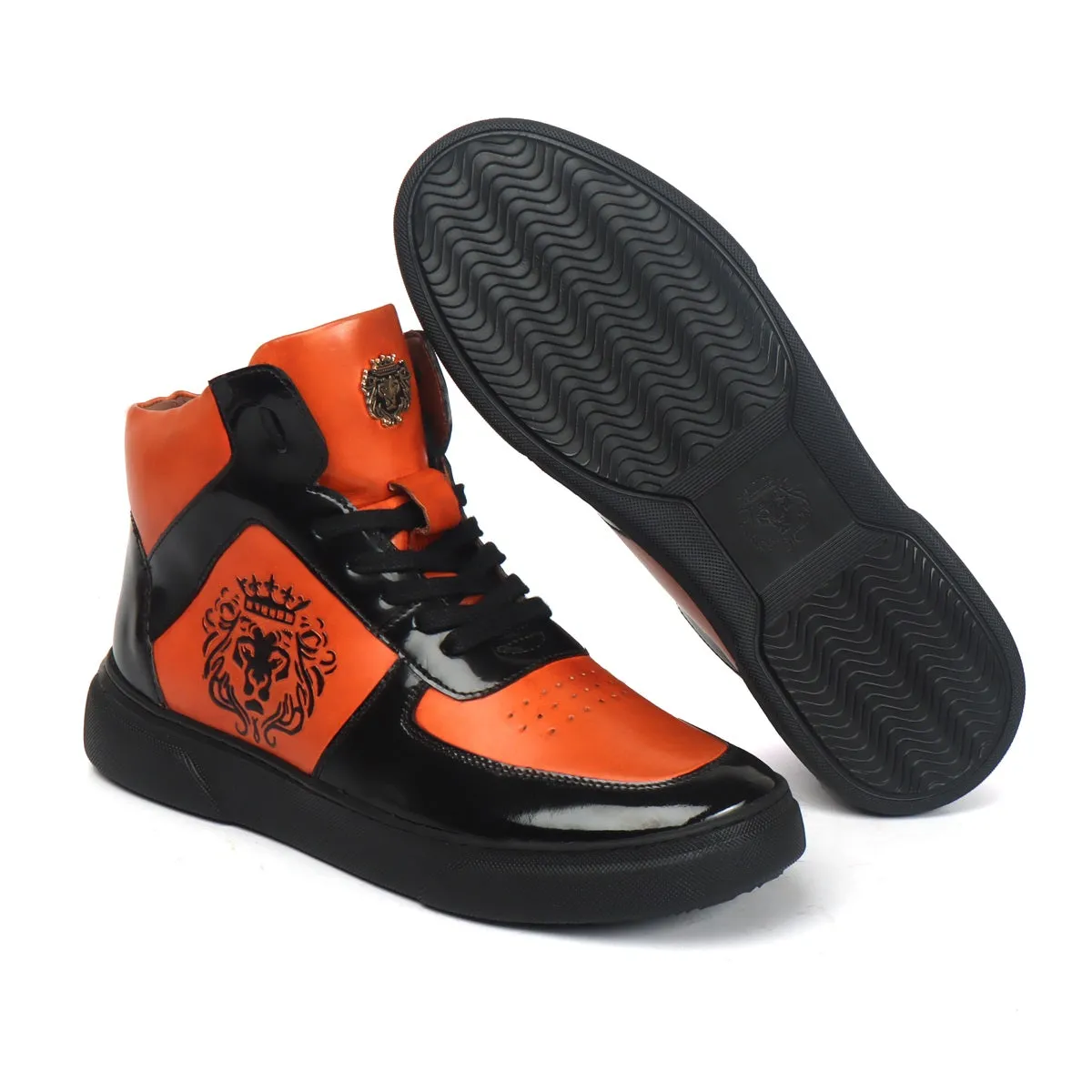 Orange Leather with Patent Leather Detailing Mid Top Sneakers by Brune & Bareskin