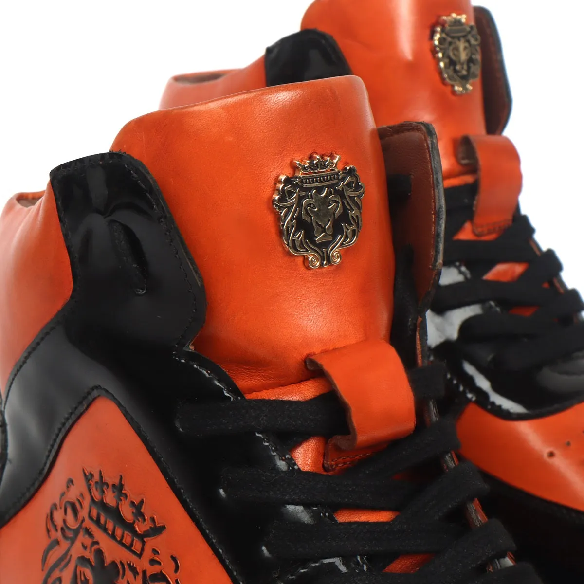 Orange Leather with Patent Leather Detailing Mid Top Sneakers by Brune & Bareskin