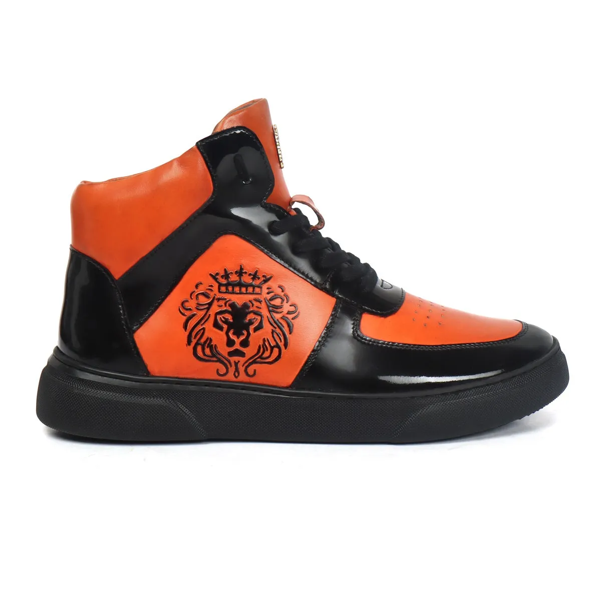Orange Leather with Patent Leather Detailing Mid Top Sneakers by Brune & Bareskin