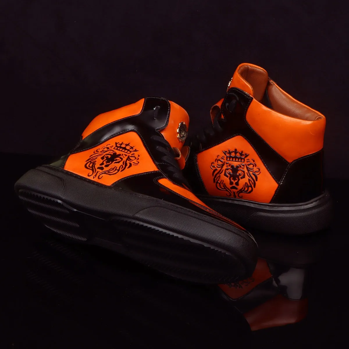Orange Leather with Patent Leather Detailing Mid Top Sneakers by Brune & Bareskin