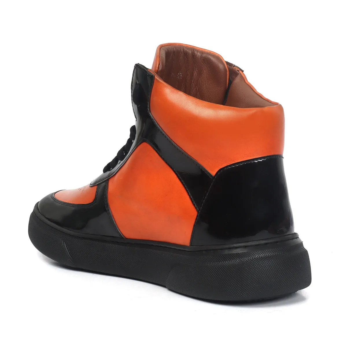 Orange Leather with Patent Leather Detailing Mid Top Sneakers by Brune & Bareskin