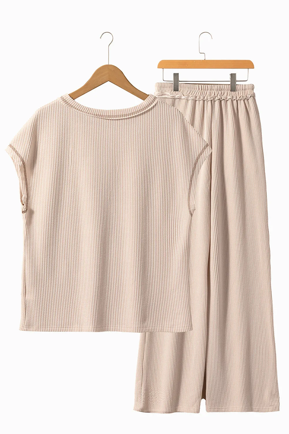 Parchment Exposed Seam Corded T shirt and Wide Leg Pants Set