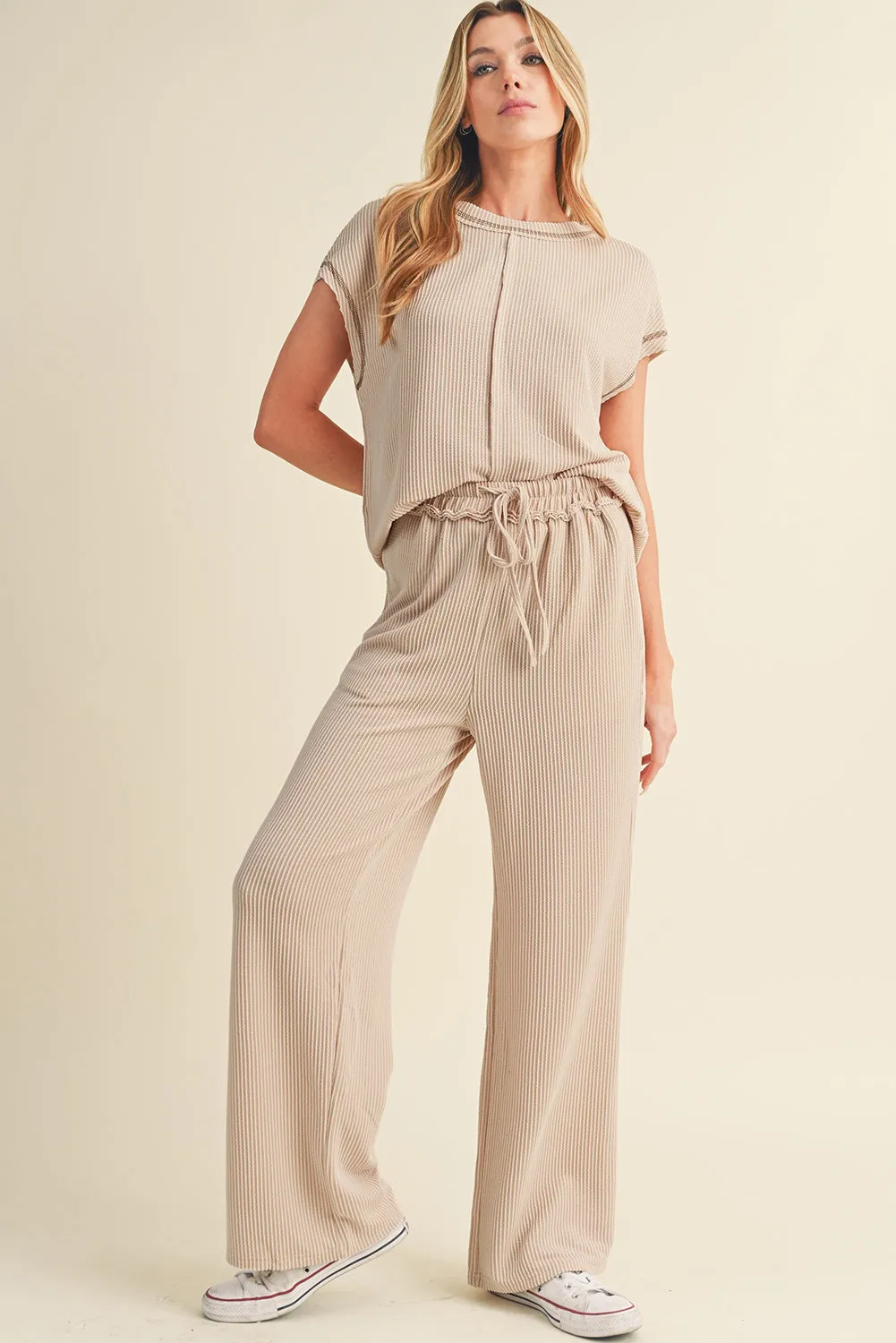 Parchment Exposed Seam Corded T shirt and Wide Leg Pants Set
