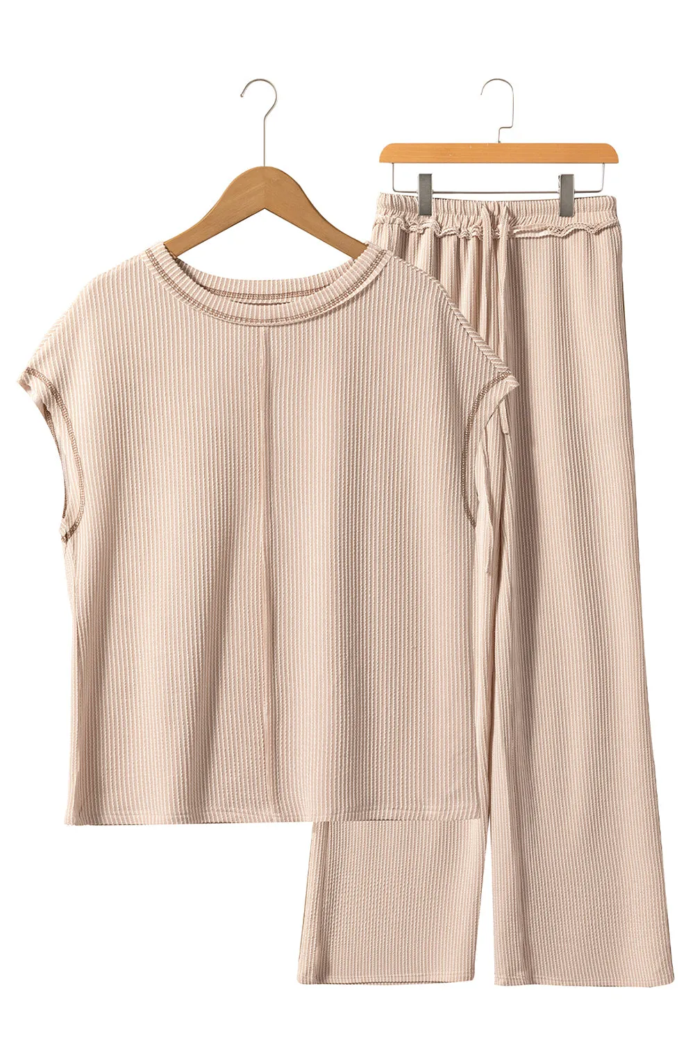 Parchment Exposed Seam Corded T shirt and Wide Leg Pants Set