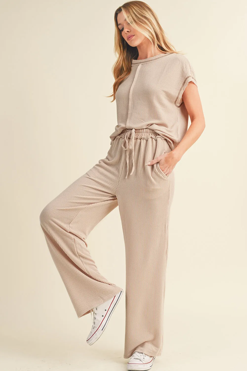 Parchment Exposed Seam Corded T shirt and Wide Leg Pants Set