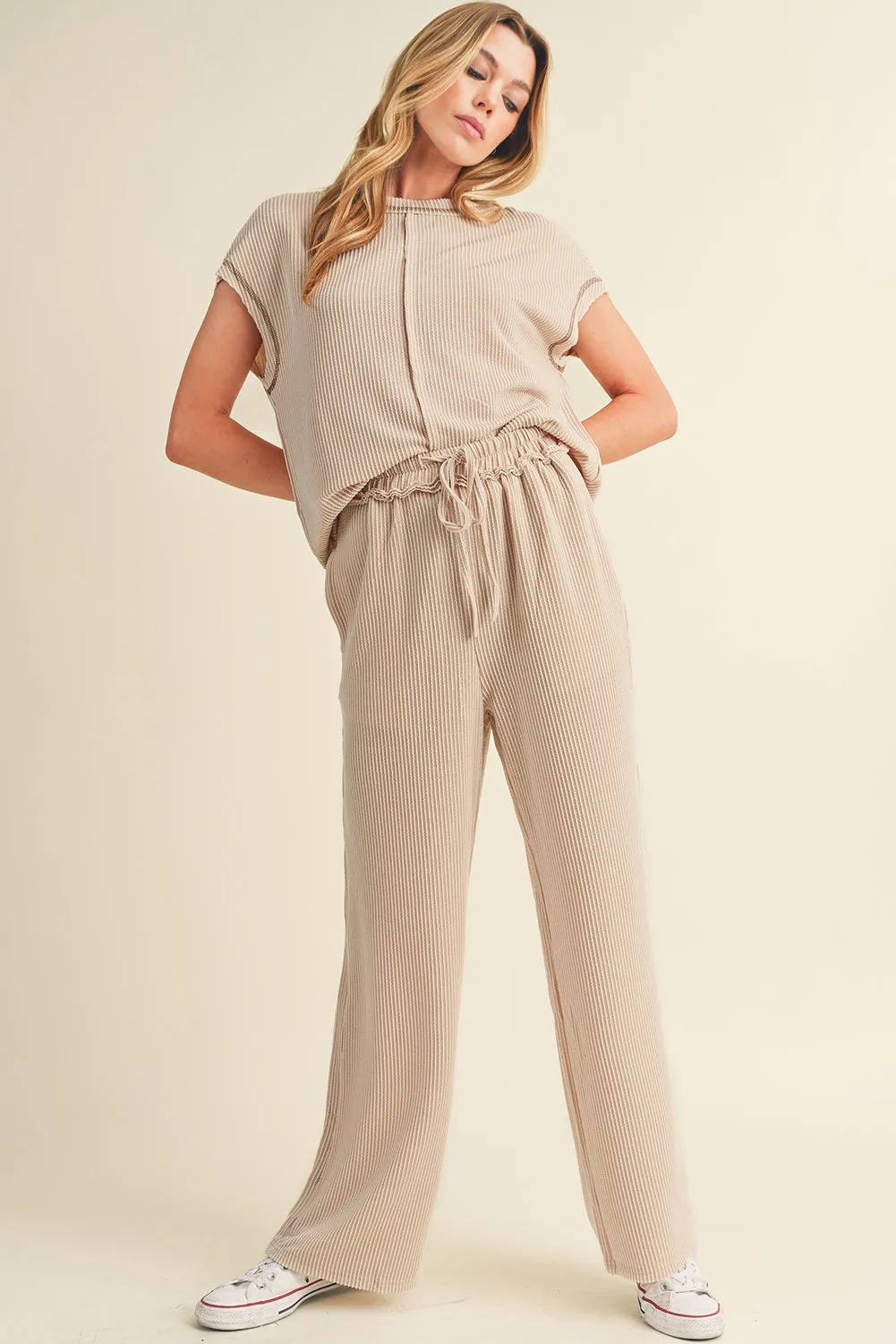 Parchment Exposed Seam Corded T shirt and Wide Leg Pants Set