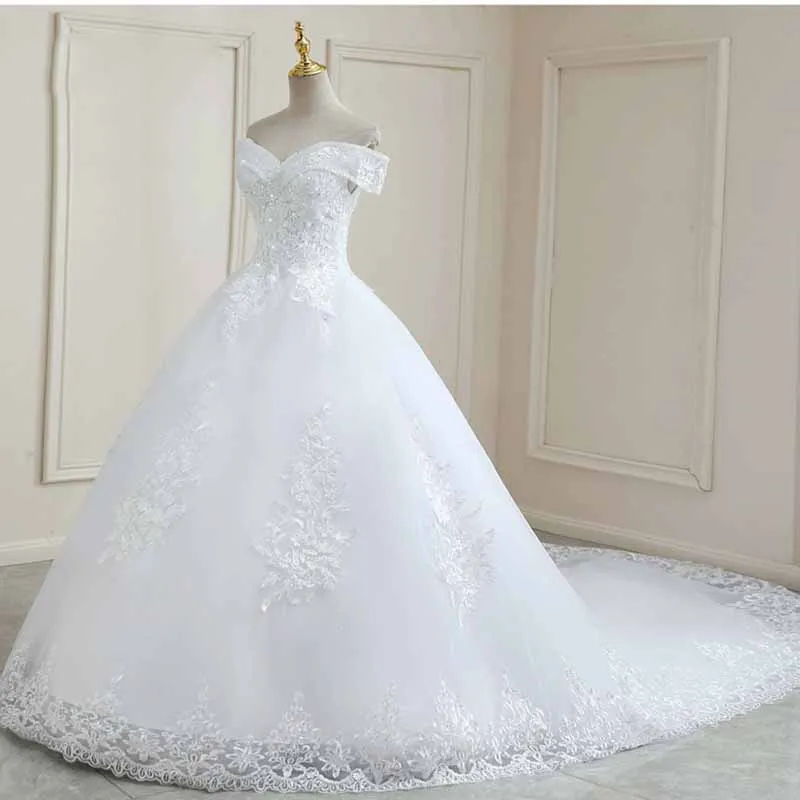 Pearls Lace Wedding Dresses A line Tulle Off The Shoulder Bridel Gowns