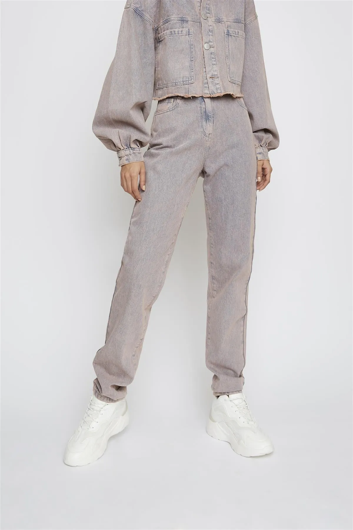 Pink-Tint Straight-Leg High-Waisted Jeans