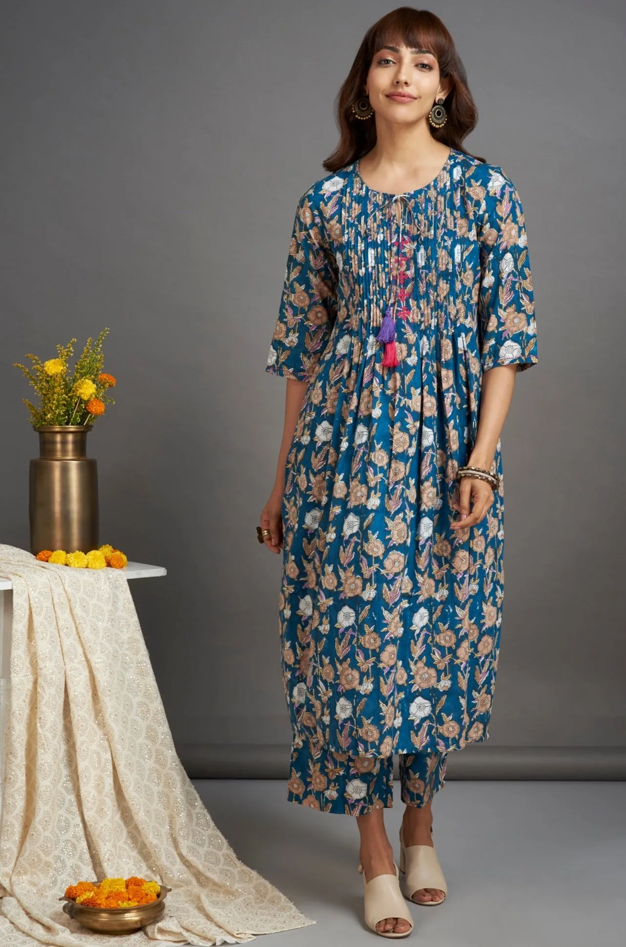 pintuck kurta - tropical teal & japanese anemone
