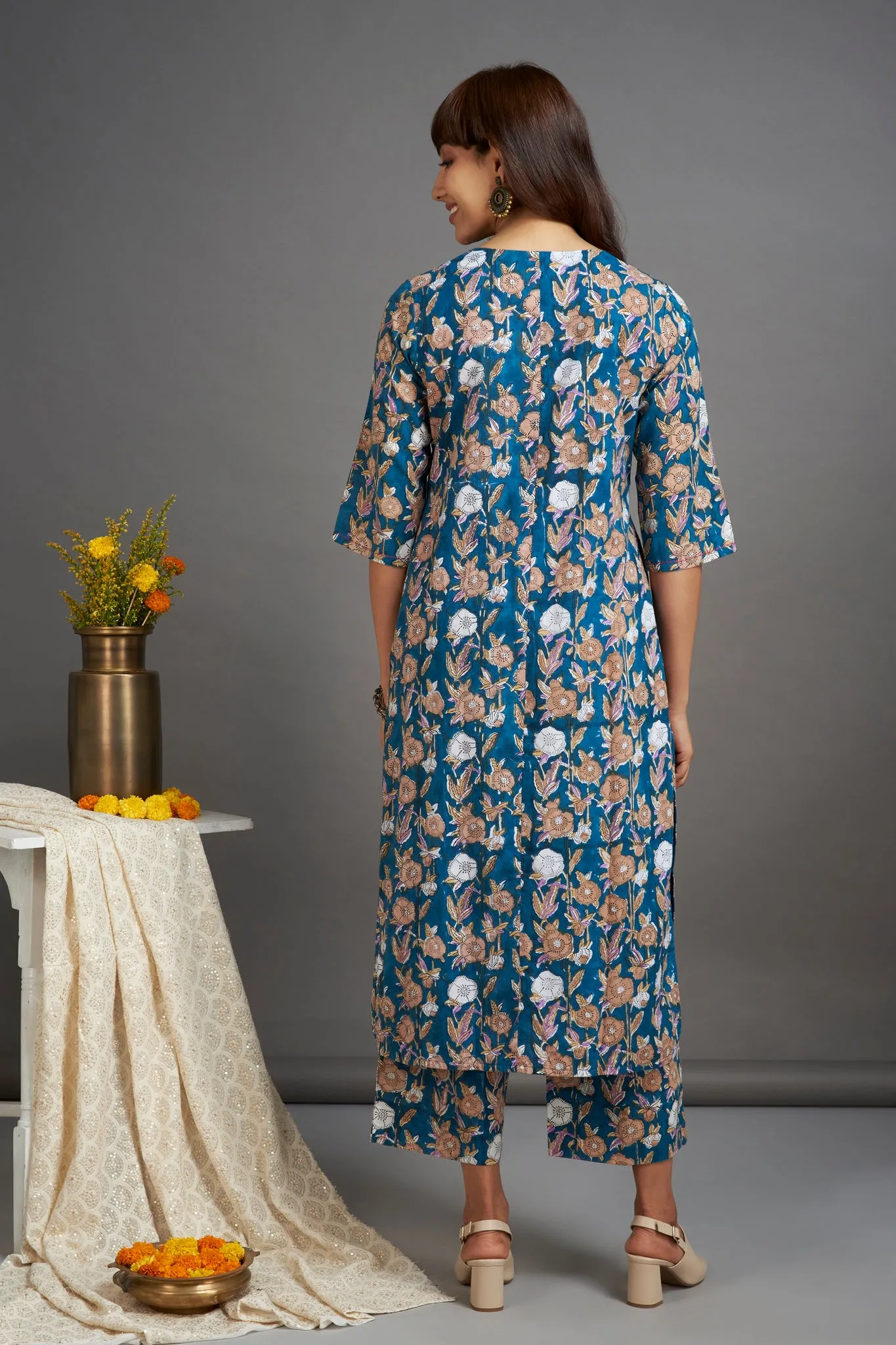 pintuck kurta - tropical teal & japanese anemone
