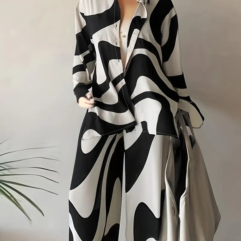 Plus Size Abstract Stripe Print Two-Piece Set - Button Up Long Sleeve Lapel Collar Shirt Top & High Rise Wide Leg Pant Ensemble for Casual Elegance
