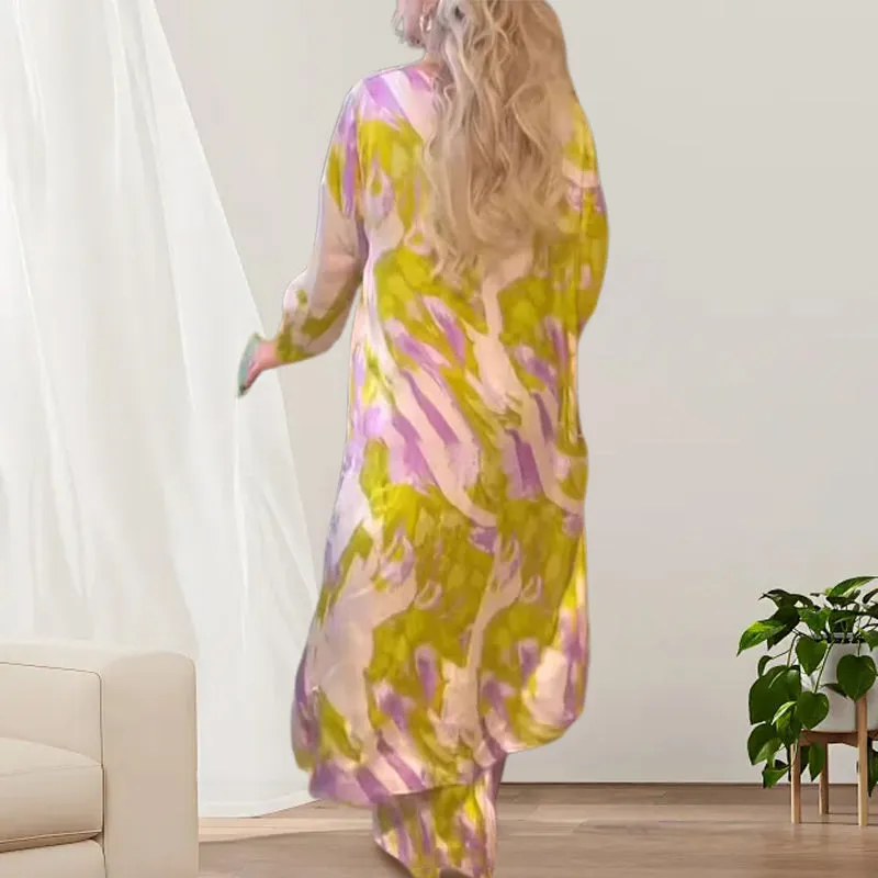 Printed Long Back-Hem Top Loose Pants 2 Piece Set