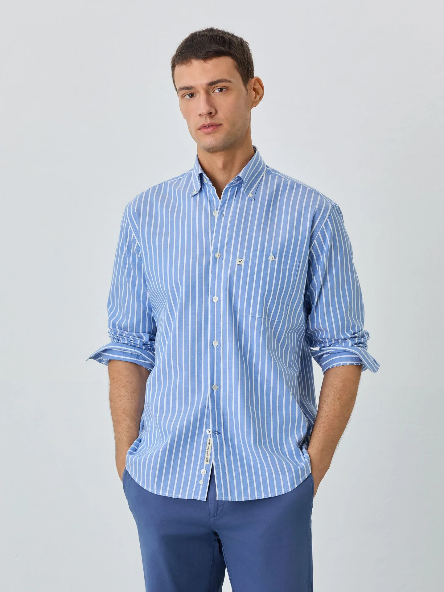 Regular Fit Shirt With Button Down Collar In BCI Cotton With Stripes