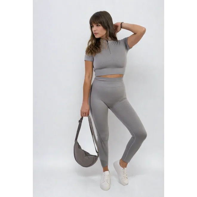 Ribbed Half Zip Crop Top and High Waist Leggings Co-ord Set