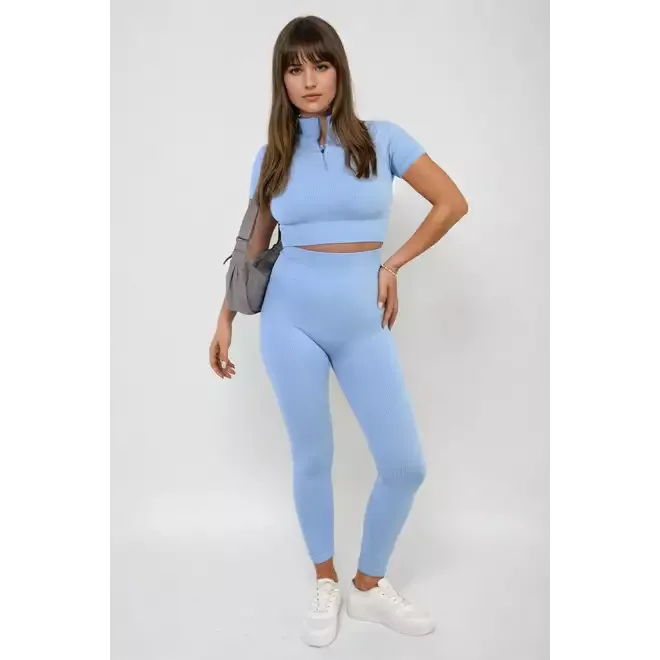 Ribbed Half Zip Crop Top and High Waist Leggings Co-ord Set