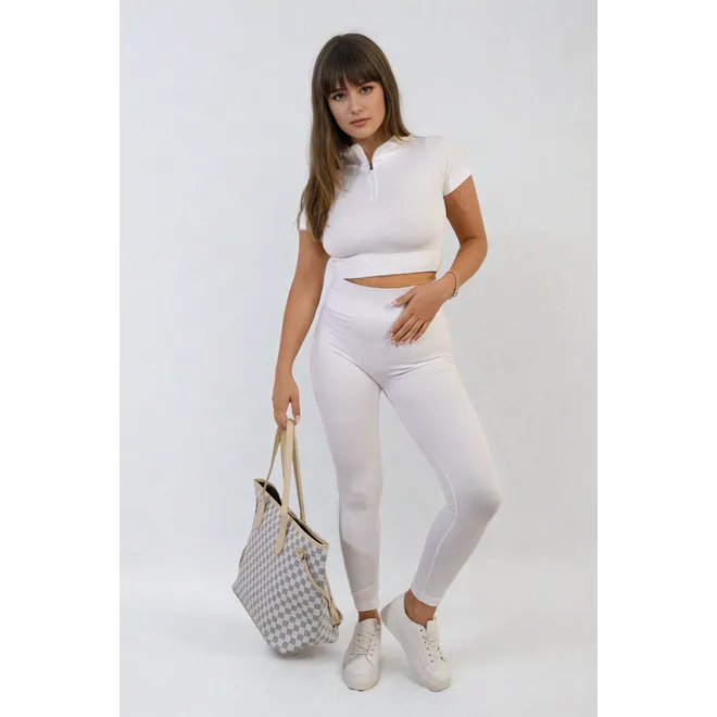Ribbed Half Zip Crop Top and High Waist Leggings Co-ord Set