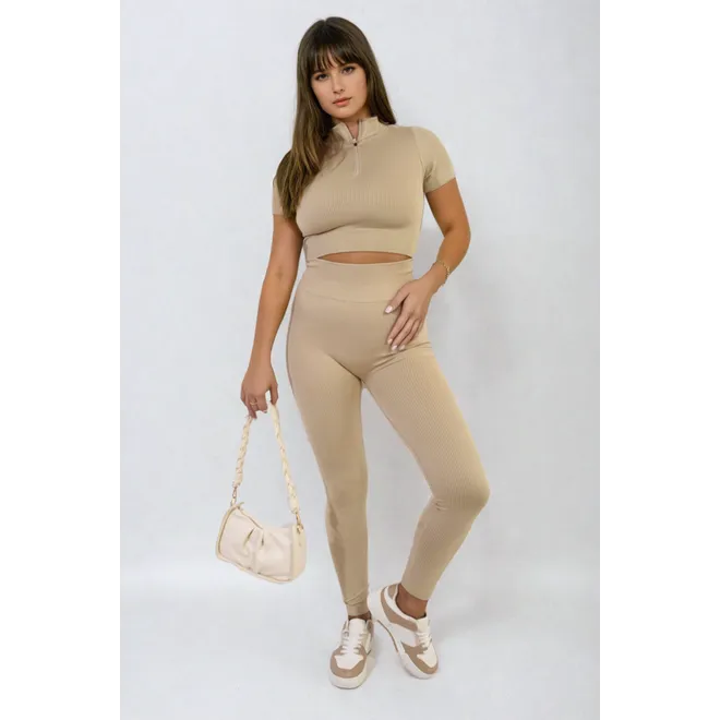 Ribbed Half Zip Crop Top and High Waist Leggings Co-ord Set