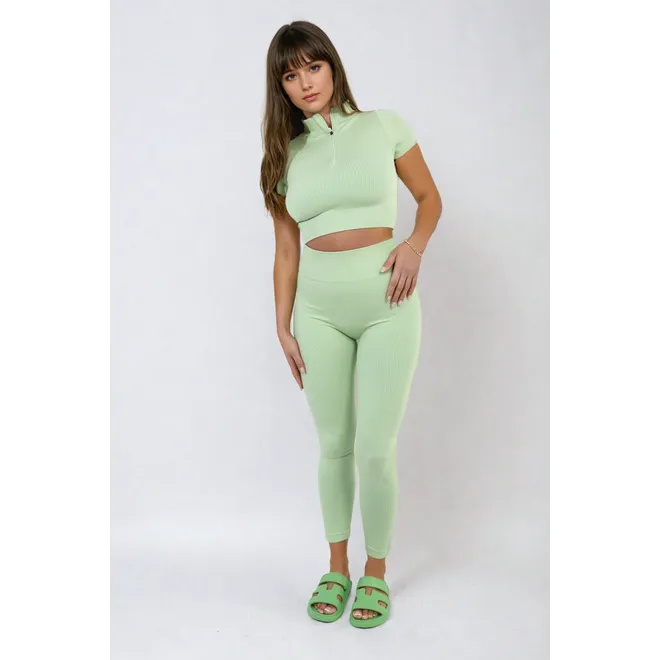 Ribbed Half Zip Crop Top and High Waist Leggings Co-ord Set