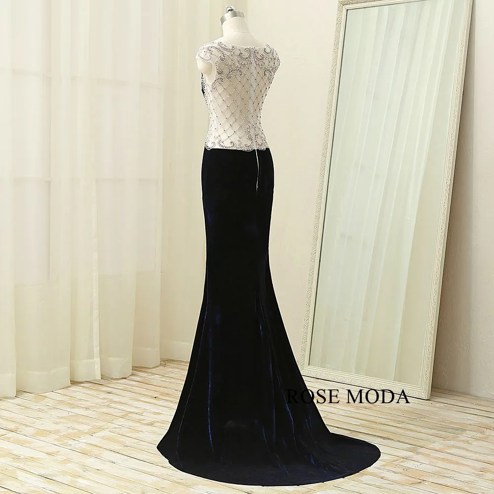 Rosemoda Delicate Beaded Illusion Velvet Women Long Prom Dress