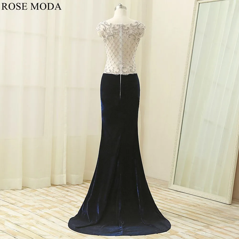 Rosemoda Delicate Beaded Illusion Velvet Women Long Prom Dress