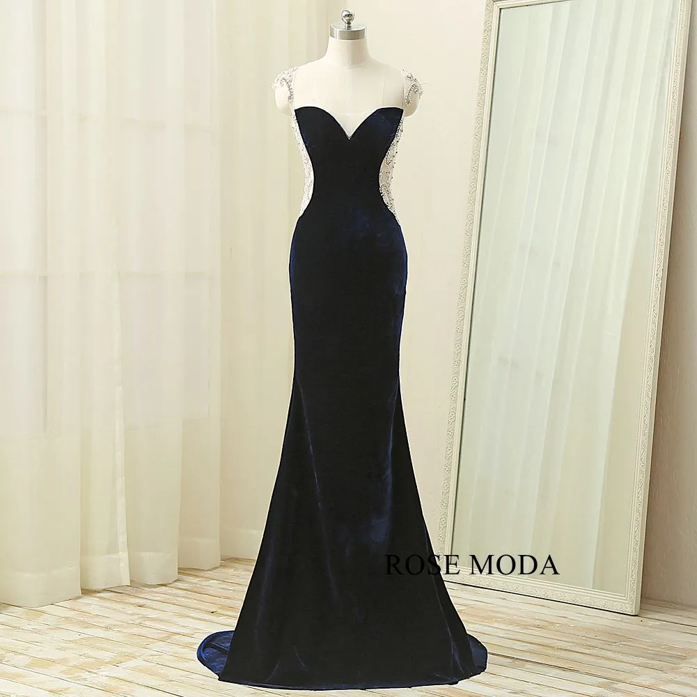 Rosemoda Delicate Beaded Illusion Velvet Women Long Prom Dress