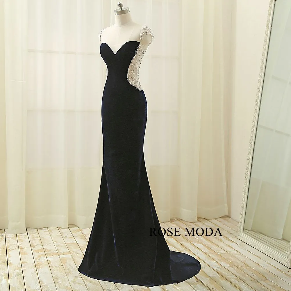 Rosemoda Delicate Beaded Illusion Velvet Women Long Prom Dress