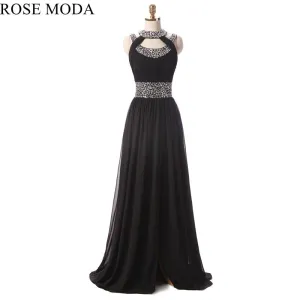 Rosemoda Long Black Beaded Chiffon Prom Dress