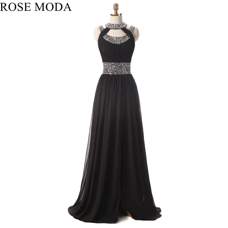 Rosemoda Long Black Beaded Chiffon Prom Dress